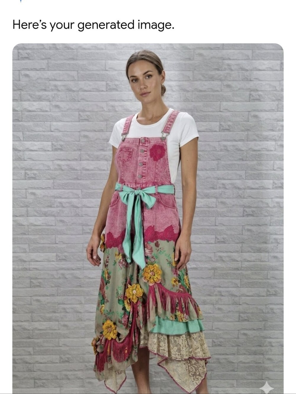 HAND CRAFTED Overalls Denim Jean Dress Upcycled Retro Boho Floral Pink Large - Picture 9 of 16
